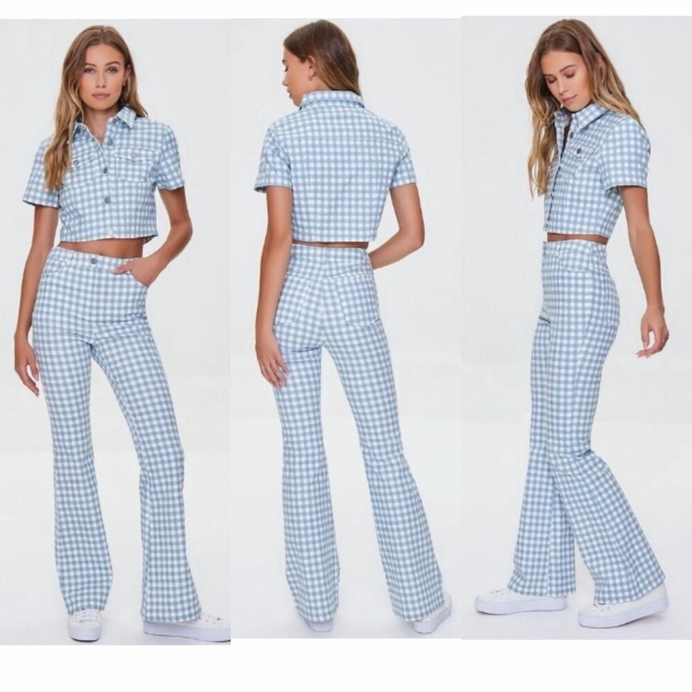 Forever 21 blue gingham plaid button up crop top and flare pants set size small